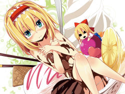 Rule 34 | 1girl, alice margatroid, blonde hair, blue eyes, blush, breast hold, breasts, chocolate, chocolate on body, chocolate on breasts, colored eyelashes, covering privates, covering breasts, female focus, food, food on body, hairband, heart, highres, ice cream, in food, maturiuta sorato, mini person, minigirl, naked chocolate, nude, nude cover, parfait, pocky, shanghai doll, short hair, small breasts, solo, touhou