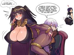 Rule 34 | 1girl, 2boys, ass, bisexual male, black hair, blush, bodysuit, breasts, chair, chrom (fire emblem), commentary, english commentary, english text, fire emblem, fire emblem awakening, highres, huge breasts, multiple boys, nintendo, pinkkoffin, robin (fire emblem), robin (male) (fire emblem), talking, teeth, tharja (fire emblem), thought bubble