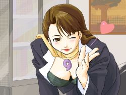 Rule 34 | 1girl, ace attorney, bent over, blowing kiss, blush, breasts, brown eyes, brown hair, capcom, cleavage, female focus, heart, indoors, looking at viewer, mature female, mia fey, mole, one eye closed, scarf, smile, solo, wink