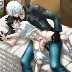 Rule 34 | 2boys, age difference, anal, atlus, blush, capcom, crossover, dante (devil may cry), demi-fiend, devil may cry (series), flaccid, gym, gym storeroom, gym uniform, holding hands, holding legs, male focus, male penetrated, multiple boys, nocturne, penis, school, shin megami tensei, tears, undressing, white hair, yaoi