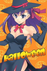 Rule 34 | 00s, 1girl, alternate costume, azu, bare shoulders, black dress, black gloves, bow, bowtie, breasts, brooch, cleavage, clenched hand, cosplay, dress, elbow gloves, fate/stay night, fate (series), female focus, gloves, hair ornament, hair ribbon, halloween, hat, hat ribbon, jewelry, long hair, looking at viewer, matou sakura, medium breasts, neck, orange background, pumpkin, pumpkin background, purple eyes, purple hair, purple ribbon, red bow, red ribbon, ribbon, side slit, solo, strapless, strapless dress, type-moon, witch, witch hat