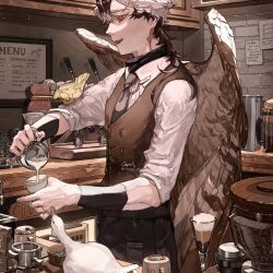 Rule 34 | 1boy, animal, animal on arm, artist name, bird, bird boy, bird on arm, bird wings, bishounen, brown background, brown eyes, brown hair, brown necktie, brown sweater, brown theme, brown vest, brown wings, cafe, cockatiel, coffee, coffee beans, coffee cup, coffee maker, collared shirt, colored eyelashes, cup, disposable cup, drink, duck, electric kettle, feathered wings, hands up, highres, holding, holding drink, indoors, kettle, long sleeves, looking at animal, male focus, menu board, mug, multicolored hair, necktie, note, open mouth, original, osprey 0725, parrot, pouring, shirt, signature, smile, solo, standing, streaked hair, sweater, teacup, turtleneck, turtleneck sweater, upper body, vest, white shirt, wings