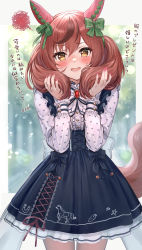 Rule 34 | 1girl, :d, akabane (zebrasmise), animal ears, black bow, black skirt, blush, bow, brooch, brown eyes, brown hair, center frills, commentary request, frills, green bow, hair between eyes, hair bow, hands up, heart, heart print, highres, holding, holding own hair, horse ears, horse girl, horse tail, jewelry, long hair, long sleeves, looking at viewer, nail polish, nice nature (umamusume), nose blush, open mouth, pink nails, pleated skirt, print shirt, shirt, skirt, smile, solo, squiggle, sweat, tail, translation request, twintails, umamusume, white shirt