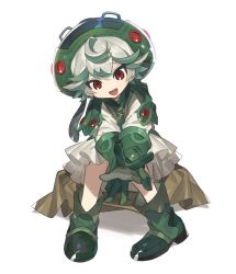 Rule 34 | 1girl, bad id, bad pixiv id, boots, child, dress, gloves, green footwear, green gloves, hat, looking at viewer, lunch (lunchicken), made in abyss, open mouth, prushka, red eyes, shadow, short hair, simple background, smile, solo, white background, white hair