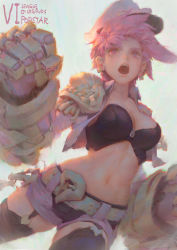 Rule 34 | 1girl, belt, black thighhighs, breasts, cleavage, earrings, gauntlets, hat, jewelry, krenz, league of legends, mechanical arms, midriff, navel, open mouth, pink hair, short hair, shorts, solo, teeth, thighhighs, vi (league of legends)