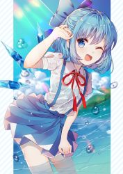 Rule 34 | 1girl, bare arms, blue bow, blue eyes, blue hair, blue skirt, bow, cirno, cloud, collared shirt, commentary request, day, dutch angle, hair bow, hand up, highres, ice, ice wings, kawachi rin, leaning forward, looking at viewer, miniskirt, mountain, neck ribbon, one eye closed, open mouth, outdoors, pocket, red ribbon, ribbon, see-through, shirt, short sleeves, skirt, smile, solo, summer, sunlight, suspender skirt, suspenders, touhou, wading, water, water drop, wet, wet clothes, white shirt, wing collar, wings