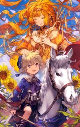 Rule 34 | 1boy, 1girl, :d, ascot, belt, blonde hair, braid, bridle, circlet, closed eyes, cross-laced clothes, facial mark, fading, flower, hat, highres, horse, horseback riding, jewelry, lee hyeseung, long hair, long sleeves, necklace, open mouth, original, reins, riding, scepter, shorts, smile, staff, sunflower, tarot, tarot (medium), the sun (tarot), white horse