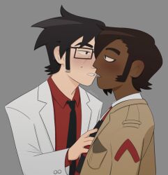 Rule 34 | 2boys, black hair, blush, brown hair, couple, dark-skinned male, dark skin, eye contact, face-to-face, gideon gordon graves, glasses, grey background, hand on another&#039;s chest, highres, imminent kiss, long sideburns, looking at another, male focus, matthew patel, mole, mole on cheek, multiple boys, parted lips, rectangular eyewear, scott pilgrim (series), scott pilgrim takes off, short hair, sideburns, simple background, skycaelo, upper body, yaoi