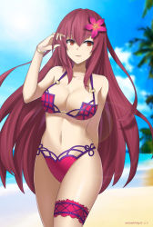 Rule 34 | 1girl, absurdres, beach, bikini, blurry, blurry background, breasts, brown hair, cleavage, fate/grand order, fate (series), flower, hair flower, hair ornament, highres, large breasts, long hair, makise minami, navel, purple hair, red eyes, scathach (fate), scathach (fate), scathach (fate/grand order), scathach (swimsuit assassin) (fate), solo, standing, swimsuit, thigh strap