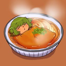 Rule 34 | 1girl, bowl, food, green hair, hair ornament, in food, kisume, lowres, noodles, onikobe rin, short hair, solo, touhou, twintails, udon