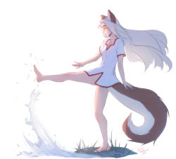 Rule 34 | 1girl, animal ear fluff, animal ears, artist name, bare legs, barefoot, commentary, english commentary, fox ears, fox girl, fox tail, from side, full body, long hair, losse (personal ami), original, parted lips, personal ami, short sleeves, simple background, smile, solo, splashing, standing, standing on one leg, tail, thick eyebrows, water, white background, white hair
