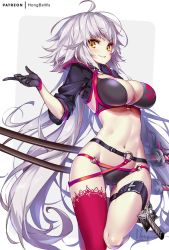 Rule 34 | 1girl, ahoge, bikini, black bikini, black gloves, black jacket, border, breasts, choker, cleavage, commentary request, cropped jacket, fate/grand order, fate (series), gloves, grey background, hong (white spider), jacket, jeanne d&#039;arc alter (swimsuit berserker) (fate), jeanne d&#039;arc (fate), jeanne d&#039;arc alter (fate), jeanne d&#039;arc alter (swimsuit berserker) (fate), katana, long hair, o-ring, o-ring bikini, o-ring bottom, o-ring top, red thighhighs, shrug (clothing), single thighhigh, swimsuit, sword, thigh strap, thighhighs, weapon, white border, white hair, yellow eyes