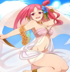Rule 34 | 1girl, anklet, armpits, bad id, bad pixiv id, bare legs, barefoot, bracelet, dancer, dancing, flower, flower necklace, hair flower, hair ornament, harem outfit, jerun, jewelry, lei, long hair, magi the labyrinth of magic, midriff, morgiana, navel, necklace, red eyes, red hair, side ponytail, solo, veil