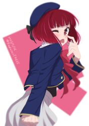 Rule 34 | 1girl, absurdres, arima kana, beret, black bow, black vest, blue hat, blue jacket, blunt bangs, blurry, blush, bob cut, bow, bowtie, collared shirt, commentary, dated, grey skirt, hat, hat bow, highres, inverted bob, jacket, kadainist, long sleeves, one eye closed, oshi no ko, pink bow, pink bowtie, red eyes, red hair, school uniform, shirt, short hair, skirt, solo, tongue, tongue out, twitter username, vest, youtou high school uniform