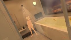 1girl animal_ears animated bathroom covering_breasts covering_privates female_masturbation filian_(vtuber) fox_ears fox_girl fox_tail highres indie_virtual_youtuber masturbation maxterb8 nude pussy rubber_duck rubbing shaking showering sound standing tail video virgin virtual_youtuber vrchat wet white_hair window