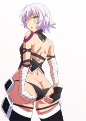 Rule 34 | 1girl, :o, absurdres, adjusting clothes, adjusting panties, ass, bandaged arm, bandages, bare shoulders, belt, black panties, black thighhighs, blush, butt crack, fate/grand order, fate (series), from behind, gloves, green eyes, highres, jack the ripper (fate/apocrypha), looking at viewer, looking back, moroheiya (moroheiya-works), open mouth, panties, scar, shiny skin, short hair, silver hair, simple background, single glove, solo, standing, tattoo, thighhighs, underwear, white background