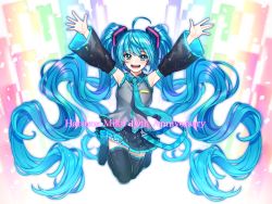 Rule 34 | 1girl, absurdly long hair, arms up, black skirt, black thighhighs, blue eyes, blue hair, blue necktie, blush, character name, detached sleeves, full body, hatsune miku, kiritani846, long hair, looking at viewer, necktie, open mouth, skirt, smile, solo, teeth, thighhighs, tie clip, twintails, very long hair, vocaloid