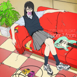 Rule 34 | 1girl, arm rest, black-framed eyewear, black eyes, black hair, black socks, black sweater vest, cable, checkered floor, collared shirt, commentary, couch, covered mouth, crack, cracked floor, crossed legs, damaged, effects pedal, electric guitar, english commentary, full body, glasses, grey skirt, guitar, indoors, instrument, long hair, looking at viewer, on couch, open collar, original, plant, pleated skirt, potted plant, school uniform, shirt, shoes, short sleeves, sitting, skirt, sneakers, socks, soil, sweater vest, tachenie, tape, tile floor, tiles, white footwear, white shirt