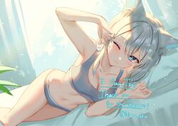 Rule 34 | aarontsay, absurdres, animal ear fluff, animal ears, armpits, bed, breasts, calvin klein, cat girl, commentary request, commission, harushio, highres, indie virtual youtuber, large breasts, midriff, one eye closed, skeb commission, thighs, underwear, virtual youtuber, white hair