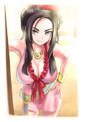 Rule 34 | 1girl, armpits, bare arms, bare shoulders, belt, black hair, blue eyes, border, bracer, breasts, cleavage, commentary, contrapposto, cowboy shot, deborah (dq5), doorway, dragon quest, dragon quest v, earrings, facing viewer, forehead, grin, hair ornament, hand on own hip, highres, indoors, jewelry, large breasts, legs apart, long bangs, long hair, looking at viewer, mole, mole under eye, necklace, parted lips, pink skirt, skirt, sleeveless, smile, solo, standing, v-shaped eyebrows, v2 (pixiv 84041087), white border
