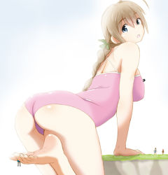 Rule 34 | 1girl, ahoge, ass, barefoot, between toes, blue eyes, braid, breasts, brown hair, feet, holding with feet, from behind, giant, giantess, leg up, looking back, lynette bishop, minna-dietlinde wilcke, miyafuji yoshika, one-piece swimsuit, open mouth, panah, perrine h. clostermann, sakamoto mio, silhouette demon, single braid, soles, solo focus, strike witches, swimsuit, toes, world witches series