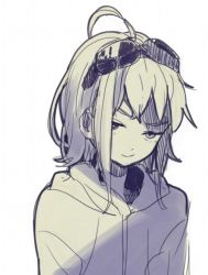 Rule 34 | 1girl, akka, commentary, goggles, goggles on head, greyscale, gumi, half-closed eyes, hood, hoodie, looking at viewer, medium hair, monochrome, sidelighting, sketch, solo, upper body, vocaloid
