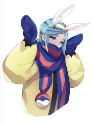 Rule 34 | 1boy, animal ears, blue mittens, blue scarf, commentary request, creatures (company), game freak, green eyes, green hair, grusha (pokemon), hairband, hands up, highres, jacket, long sleeves, looking down, male focus, mittens, mochitsuki kagami, nintendo, poke ball print, pokemon, pokemon sv, rabbit ears, rabbit pose, scarf, scarf over mouth, sidelocks, simple background, solo, striped clothes, striped scarf, white background, yellow hairband, yellow jacket