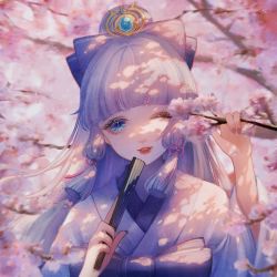 Rule 34 | 1girl, absurdres, ayaka (genshin impact), blue bow, blue eyes, blue gemstone, blue hair, blue kimono, blunt bangs, bow, branch, cherry blossoms, chinese knot, commentary request, flower, folded fan, folding fan, gem, genshin impact, hair bow, hair ornament, hand fan, highres, holding, holding branch, holding fan, japanese clothes, kimono, lips, lipstick, long hair, long sleeves, looking at viewer, makeup, nail polish, one eye closed, parted lips, pink flower, purple nails, qianmufei, sidelocks, solo, tree, upper body, wide sleeves