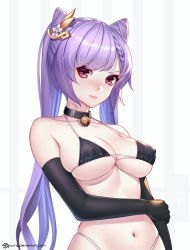 Rule 34 | 1girl, 3:, arm across waist, artist name, bare shoulders, bell, bikini, black bikini, black gloves, blush, braid, breasts, closed mouth, collar, cone hair bun, covered erect nipples, elbow gloves, flower, genshin impact, gloves, hair bun, hair flower, hair ornament, hand on own arm, jingle bell, jurrig, keqing (genshin impact), large breasts, long hair, navel, neck bell, nose blush, purple eyes, purple hair, skindentation, solo, strap gap, striped, striped background, swimsuit, twintails, underboob, upper body, v-shaped eyebrows, vertical stripes, white flower