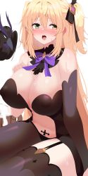 Rule 34 | 1girl, absurdres, blonde hair, blush, breasts, detached collar, fischl (genshin impact), genshin impact, green eyes, highres, large breasts, long hair, looking at viewer, open mouth, thighhighs, thighs, two side up, w.k