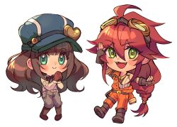 Rule 34 | 1boy, 1girl, ahoge, blue eyes, blush, braid, brown footwear, brown gloves, cardia beckford, chibi, code:realize, fangs, fingerless gloves, gloves, goggles, goggles on head, green eyes, hand up, hat, highres, impey barbicane, jewelry, kash-phia, long hair, necklace, orange overalls, overalls, own hands together, pants, red hair, simple background, smile, very long hair, white background