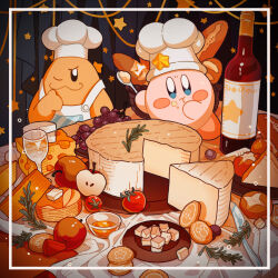 Rule 34 | :t, ;3, ^^^, absurdres, apple, apple slice, apron, baguette, basket, black eyes, blue eyes, blush, blush stickers, bottle, bowl, bread, bread bun, butter knife, cheese, cheese wheel, chef hat, chef kawasaki, closed mouth, cook kirby, cookie, copy ability, cup, curtains, drinking glass, eating, food, food on face, fruit, glef life, grapes, hand up, hat, highres, holding, holding spoon, indoors, kirby, kirby (series), knife, looking at viewer, nintendo, no humans, olive, one eye closed, plate, ribbon, smile, spoon, star (symbol), sweatdrop, table, tablecloth, thumbs up, tomato, white apron, white hat, wine bottle, wine glass, yellow ribbon