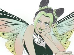 Rule 34 | 1girl, blue eyes, braid, bug, butterfly, butterfly wings, closed mouth, double bun, green lips, green skirt, hair bun, hand on own face, hand on own knee, highres, insect, insect wings, jojo no kimyou na bouken, kuujou jolyne, looking to the side, single braid, skirt, solo, stone ocean, twowind1551, white background, wings