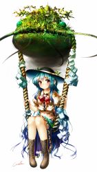 Rule 34 | 1girl, absurdres, artist name, black hat, blue hair, blue skirt, boots, catfish, commentary request, fish, flower, food, fruit, grass, hat, hat ribbon, highres, hinanawi tenshi, leaf, long hair, looking at viewer, peach, plant, puffy short sleeves, puffy sleeves, rainbow order, red eyes, red flower, ribbon, rope, shide, shirt, short sleeves, sitting, skirt, smile, touhou, very long hair, welt (kinsei koutenkyoku), whiskers, white background, white flower, white ribbon, white shirt