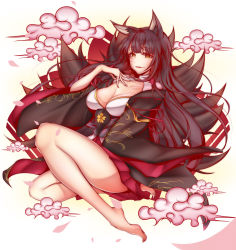 Rule 34 | 1girl, absurdres, akagi (azur lane), animal ears, azur lane, bad id, bad pixiv id, bare legs, barefoot, black hair, blunt bangs, breasts, cleavage cutout, clothing cutout, cloud, fox ears, fox tail, full body, hand on own chest, highres, japanese clothes, kimono, large breasts, light smile, long hair, long sleeves, looking at viewer, multiple tails, parted lips, smile, solo, tail, tetsu (excalibur920), wide sleeves, yellow eyes