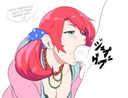 Rule 34 | 1girl, breasts, cleavage, digimon, digimon story: cyber sleuth, english text, fellatio, green eyes, highres, hood, hoodie, jewelry, medium breasts, medium hair, necklace, oral, penis, red hair, shiramine nokia, tagme, tobias leviathan, twintails