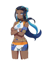 Rule 34 | 1girl, armlet, belly chain, bike shorts, black hair, blue eyes, blue eyeshadow, commentary request, creatures (company), crop top, crossed arms, dark-skinned female, dark skin, dynamax band, earrings, eyeshadow, game freak, gloves, gym leader, hair bun, hoop earrings, hsin, jewelry, long hair, makeup, multicolored hair, nessa (pokemon), nintendo, pokemon, pokemon swsh, single glove, single hair bun, solo, two-tone hair, white background