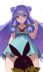Rule 34 | 1girl, angry, arm behind back, black ribbon, breasts, china dress, chinese clothes, closed mouth, collarbone, commentary request, double bun, dress, from below, hair bun, hair ornament, hand up, highres, long hair, looking at viewer, looking down, moth1, p-chan, pig, purple hair, ranma 1/2, red eyes, ribbon, shampoo (ranma 1/2), short sleeves, simple background, sweat, two-tone ribbon, white background, yellow ribbon