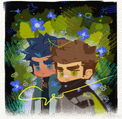 Rule 34 | 2boys, amaimochi, bandaid, bandaid on face, bandaid on nose, bara, blue eyes, blue hair, brown hair, facial hair, floral background, green eyes, highres, huge eyebrows, looking ahead, male focus, medium sideburns, multiple boys, original, short hair, sideburns stubble, smile, standing, stubble, unfinished