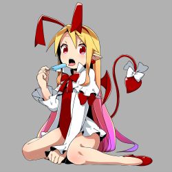 Rule 34 | 1girl, bat wings, blonde hair, bow, bowtie, demon tail, disgaea, flonne, flonne (fallen angel), food, gradient hair, grey background, hairband, long hair, looking at viewer, mei mu, multicolored hair, open mouth, pink hair, popsicle, red bow, red eyes, red hairband, red wings, simple background, sitting, solo, tail, tail bow, tail ornament, tongue, tongue out, wariza, white bow, wings