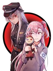 Rule 34 | 2girls, armband, bird, commander (girls&#039; frontline), cross, crying, crying with eyes open, doll, eagle, girls&#039; frontline, glaring, griffin &amp; kryuger military uniform, hair ribbon, hat, hexagram, highres, iron cross, kar98k (girls&#039; frontline), military, military uniform, multiple girls, nazi, negev (girls&#039; frontline), niac, peaked cap, pink hair, red eyes, ribbon, silver hair, star of david, tears, uniform