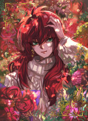 Rule 34 | 1boy, alternate costume, androgynous, artist name, blurry, bokeh, bouquet, chromatic aberration, closed mouth, depth of field, earrings, floral background, flower, green eyes, hair between eyes, hand on own head, head tilt, highres, holding, holding bouquet, jewelry, kurama (yu yu hakusho), leaf, long hair, long sleeves, looking at viewer, male focus, miyukiko, red flower, red hair, red rose, rose, signature, smile, solo, sweater, turtleneck, yuu yuu hakusho
