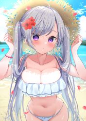 Rule 34 | 1girl, beach, bead bracelet, beads, bikini, blush, bracelet, breasts, cleavage, day, falling petals, flower, frilled bikini, frills, grey hair, hair flower, hair ornament, hamico, hands up, hat, highres, jewelry, large breasts, long hair, looking at viewer, mabel, nail polish, ocean, original, outdoors, parted lips, petals, purple eyes, sand, sky, solo, straw hat, sun hat, sweat, swimsuit, twintails, very long hair