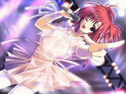 Rule 34 | 1girl, bless ~close your eyes open your mind~, bow, brown eyes, choker, dress, game cg, happy, idol, microphone, music, nishimata aoi, one eye closed, open mouth, pointing, red hair, ribbon, satsuki hina, short hair, short twintails, singing, solo, source request, stage, thighhighs, twintails, wink