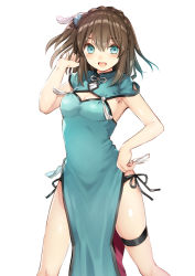 Rule 34 | 1girl, aqua eyes, bare arms, black panties, braid, breasts, brown hair, capelet, china dress, chinese clothes, cleavage, dress, hair ornament, kurata rine, looking at viewer, medium breasts, original, panties, pelvic curtain, side-tie panties, simple background, smile, solo, standing, thigh strap, underwear, white background