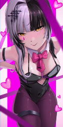 Rule 34 | 1girl, absurdres, bare shoulders, black hair, black leotard, blush, bow, bowtie, breasts, cleavage, covered navel, detached collar, grey hair, hair ornament, highres, hololive, hololive english, large breasts, leotard, long hair, looking at viewer, multicolored hair, pantyhose, pitespear, playboy bunny, rabbit hole (vocaloid), shiori novella, smile, solo, split-color hair, teardrop facial mark, two-tone hair, virtual youtuber, x hair ornament, yellow eyes