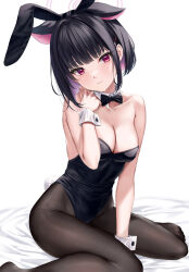 Rule 34 | 1girl, absurdres, alternate costume, animal ears, bare arms, bare shoulders, between legs, black bow, black bowtie, black hair, black leotard, black pantyhose, blue archive, bob cut, bow, bowtie, breasts, cat ears, cleavage, closed mouth, colored inner hair, detached collar, extra ears, fake animal ears, fake tail, hair behind ear, hair ornament, hairclip, halo, hand between legs, hand up, head tilt, highleg, highleg leotard, highres, kazusa (blue archive), leotard, looking at viewer, medium breasts, multicolored hair, no shoes, pantyhose, pink hair, playboy bunny, rabbit ears, rabbit tail, rama (yu-light8), red eyes, short hair, sidelocks, simple background, sitting, solo, strapless, strapless leotard, tail, thighs, two-tone hair, wariza, white background, white wrist cuffs, wrist cuffs