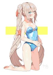Rule 34 | 1girl, absurdres, artist name, bad id, bad pixiv id, bare legs, bare shoulders, blonde hair, blue one-piece swimsuit, blush, breasts, closed mouth, collarbone, fate/grand order, fate (series), highres, kneeling, light smile, long hair, looking at viewer, marie antoinette (fate), one-piece swimsuit, petite, sidelocks, signature, simple background, small breasts, smile, soles, solo, swimsuit, thighs, uni (melm), very long hair, white background