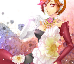Rule 34 | 1girl, bad id, bad pixiv id, brown hair, camellia, choker, earrings, elbow gloves, flower, gloves, jewelry, lipstick, makeup, meiko (vocaloid), necklace, red eyes, short hair, smile, solo, star (symbol), toba k, vocaloid