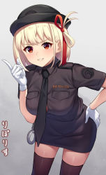 Rule 34 | 1girl, absurdres, alternate costume, black necktie, black shirt, black skirt, breasts, brown thighhighs, button gap, gloves, grey background, grin, hair ribbon, hand on own hip, hand up, hat, highres, index finger raised, large breasts, leaning forward, looking at viewer, lycoris recoil, necktie, nishikigi chisato, one side up, pencil skirt, pizza (pizzania company), police, police hat, police uniform, policewoman, red eyes, red ribbon, ribbon, shirt, short hair, simple background, skirt, smile, solo, thighhighs, thighs, uniform, v-shaped eyebrows, white gloves, zettai ryouiki